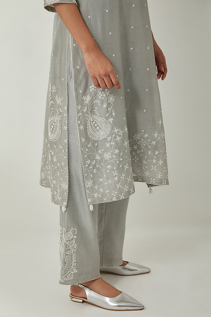 Bluish Grey Silk Chanderi Thread Embroidered Kurta Set by Kora at Pernia's Pop Up Shop